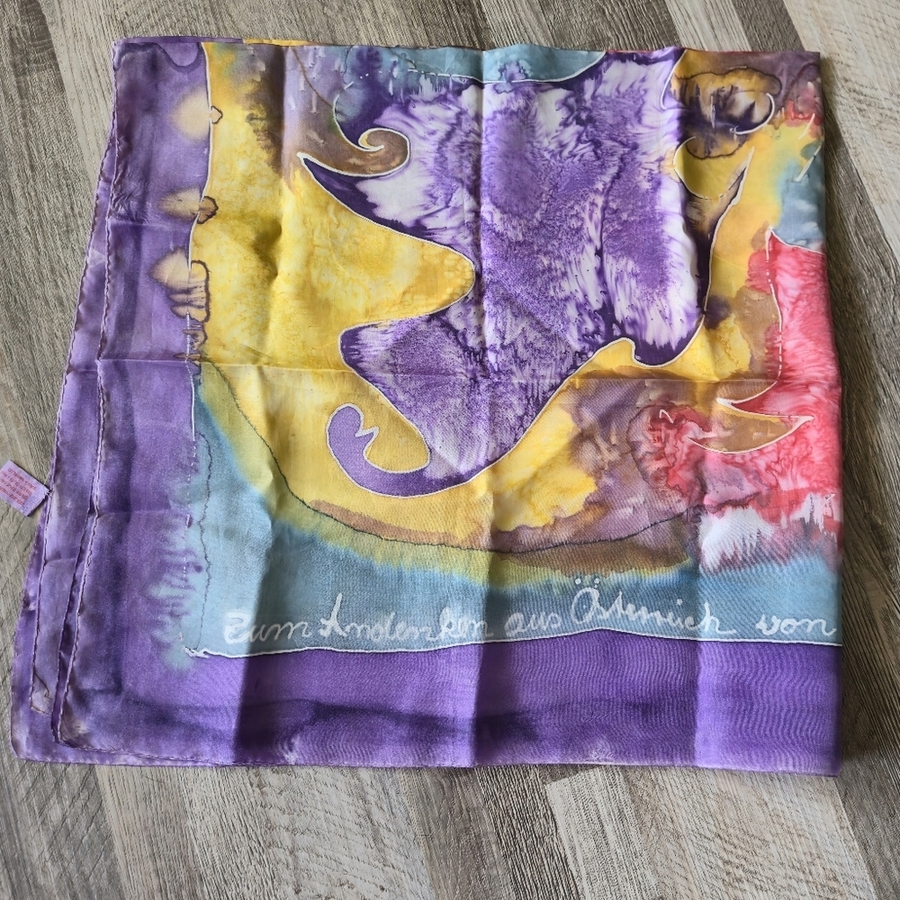 AUSTRIAN 100% Silk Scarf OS Hand Painted Abstract Watercolor Calligraphy - Picture 9 of 12